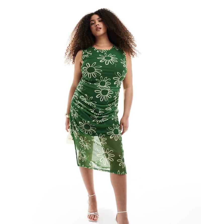 Renée Studio Plus - Exklusiv - Netzstoff-Midikleid in Grün mit Rückenausschnitt und Blumenmuster von Renee Studio