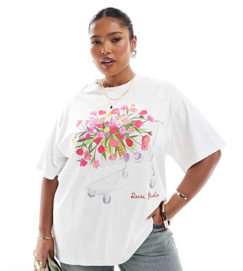Renee Studio Plus - Exklusives T-Shirt in Creme mit Blumenstrauß-im-Einkaufswagen-Grafik und Rundhalsausschnitt-Weiß von Renee Studio