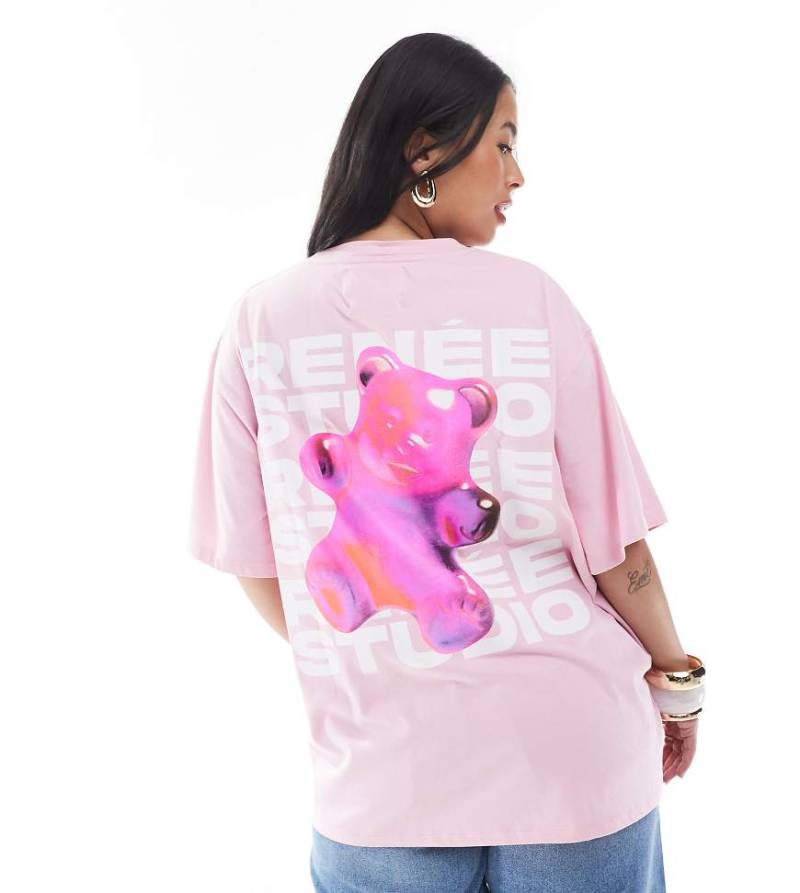 Renee Studio Plus - Exklusiv - T-Shirt in Rosa mit Gummibär-Logo-Grafik von Renee Studio