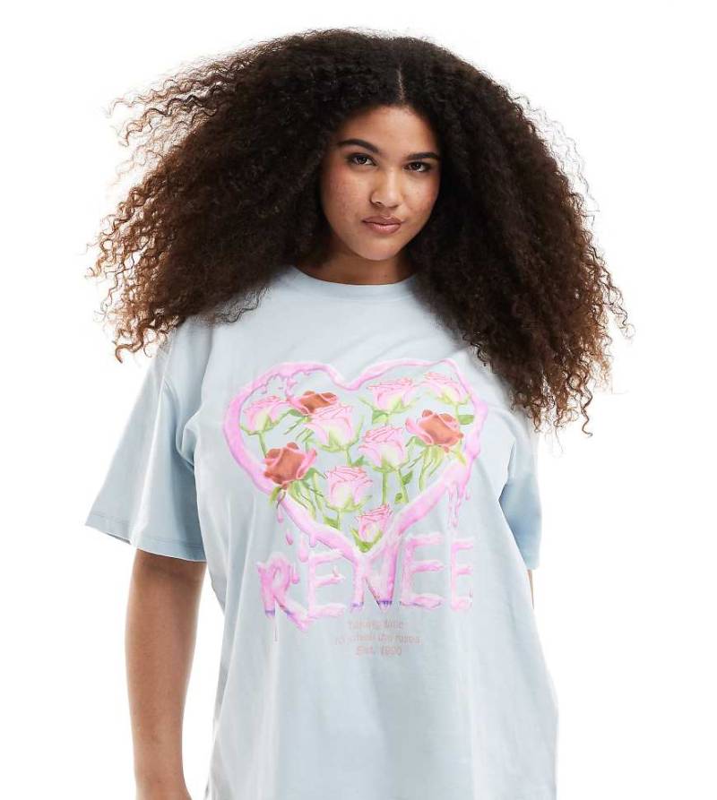 Renée Studio Plus - Exklusiv - T-Shirt in leuchtendem Blau mit Rosenherzmotiv und Rundhalsausschnitt von Renee Studio