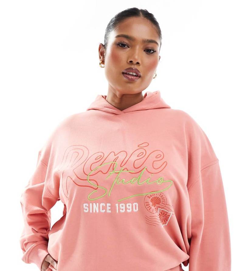 Renée Studio Plus - Exklusiver Kapuzenpullover in Pfirsich mit Logostickerei, Kombiteil-Orange von Renee Studio