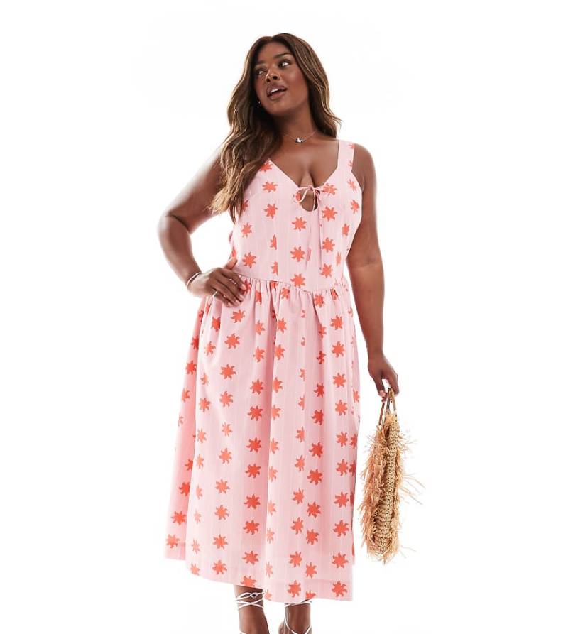 Renée Studio Plus - Exklusives Midi-Riemchenkleid in Rosa mit rotem Blumenmuster, gesmokter Rückseite, Korsett-Detail und gebundener Vorderseite-Bunt von Renee Studio