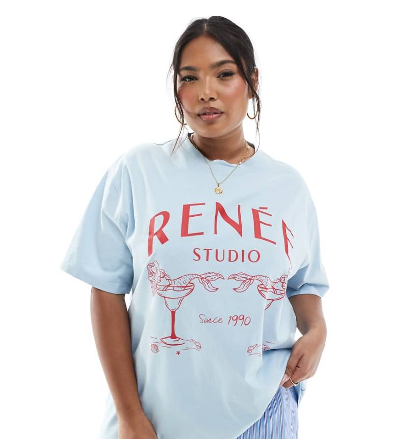 Renée Studio Plus - Exklusives T-Shirt in Blau mit Meerjungfrauen-Martini-Print von Renee Studio