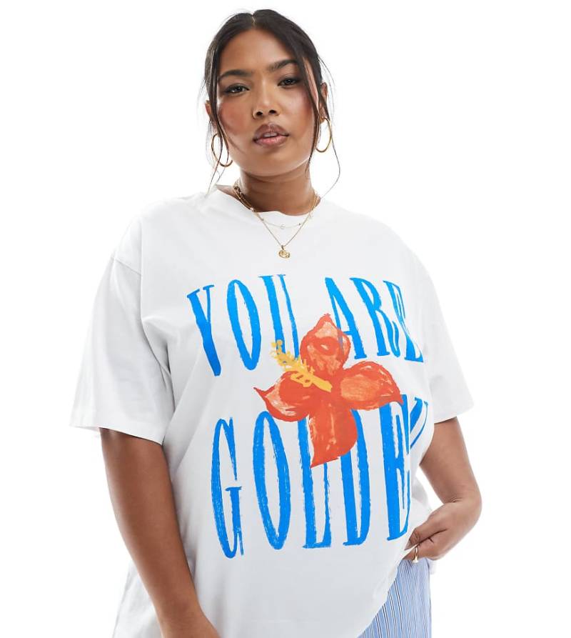 Renée Studio Plus - Exklusives T-Shirt in Weiß mit Rundhalsausschnitt und „You Are Golden"-Grafikprint von Renee Studio