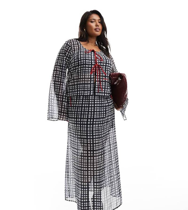 Renee Studio Plus x Holly Wynne - Exklusive, grau karierte Bluse mit gebundener Vorderseite und ausgestellten Ärmeln, Kombiteil von Renee Studio