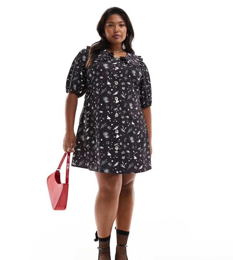 Renee Studio Plus x Holly Wynne - Exklusives Freizeitkleid in Schwarz mit Schleifenmuster, V-Ausschnitt, durchgehender Knopfleiste und Kragendetail-Bunt von Renee Studio