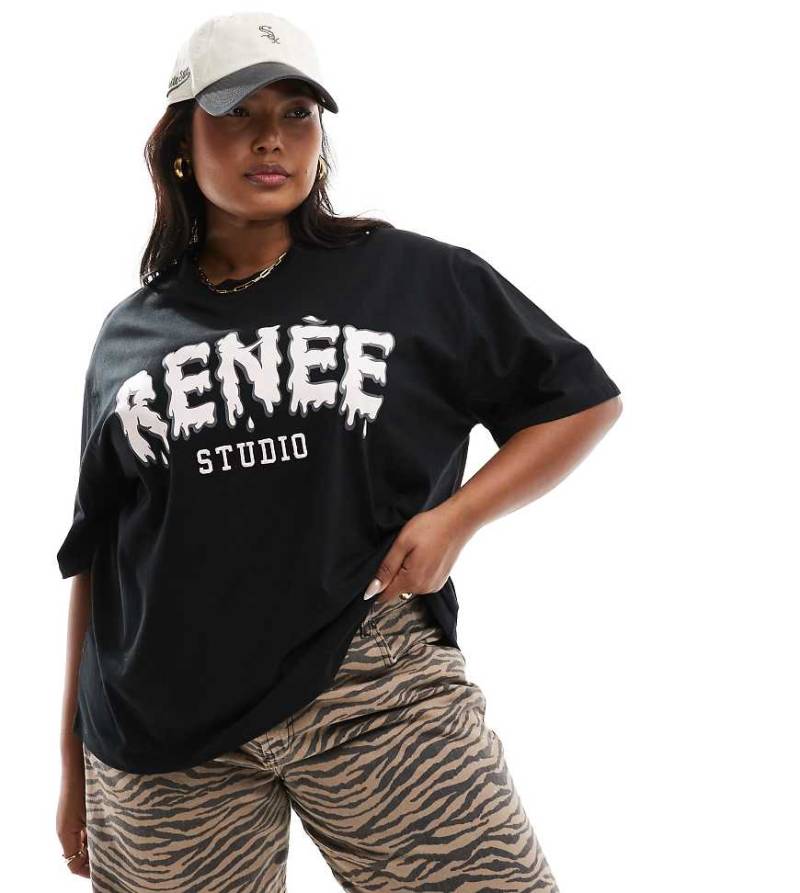 Renee Studio Plus x Holly Wynne - Exklusives Oversize-T-Shirt in Schwarz mit aufgesticktem Bubble-Logo von Renee Studio