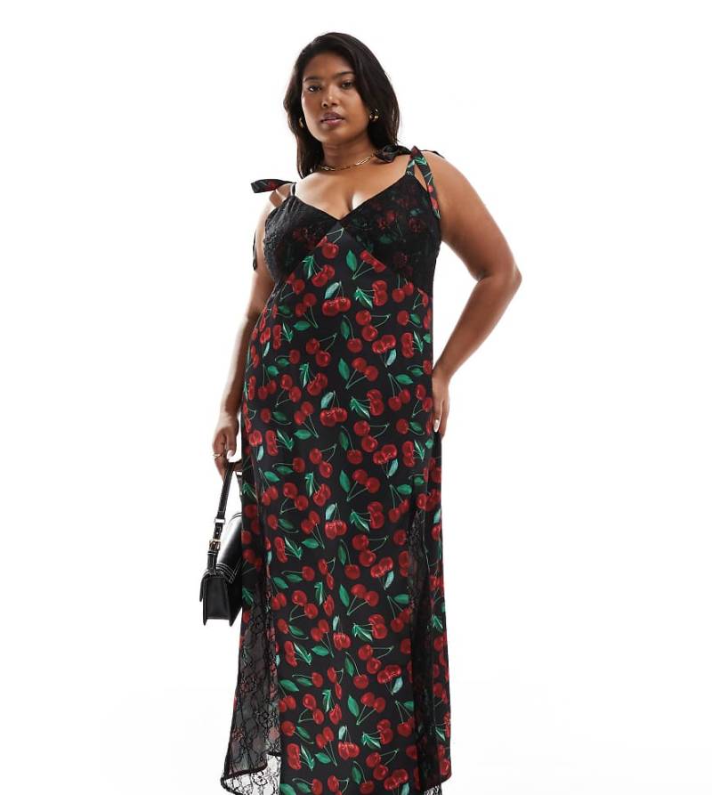 Renee Studio Plus x Holly Wynne - Exklusives Satin-Maxikleid in Schwarz mit Kirschmuster und gebundenen Trägern-Bunt von Renee Studio