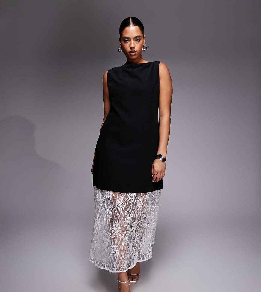 Renee Studio - Strukturiertes Maxikleid in Schwarz und Weiß mit kontrastierendem, transparentem Spitzensaum von Renee Studio