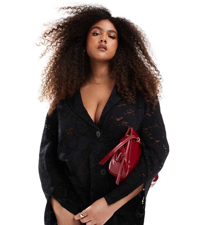 Renee Studio Plus x Michelle Nayla - Exklusiver Oversize-Blazer aus Spitze in Schwarz, Kombiteil von Renee Studio