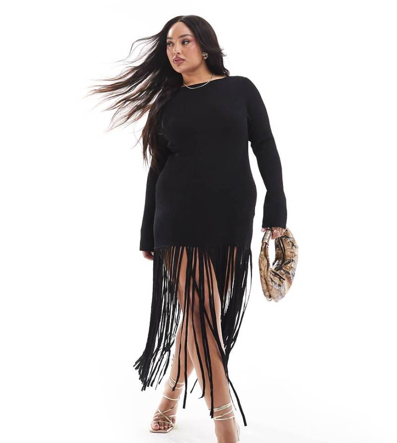 Renee Studio Plus x Michelle Nayla - Exklusives, geripptes Mini-Strickkleid in Schwarz mit Fransensaum von Renee Studio
