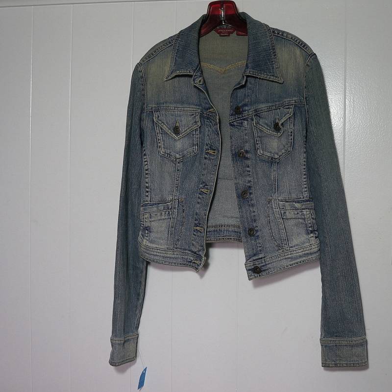 Denim Jacke Guess Jeans Kleine Abgeschnitten Vintage Trucker Stein Waschen Jean Distressed Mild Stretch 98/2 Baumwolle Spandex Verblasst Hellblau von RenegadeRevival