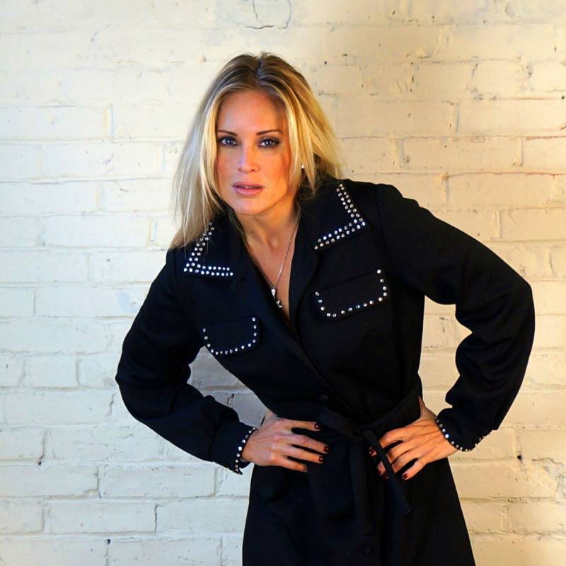 Schwarzes Nieten Maxi 1970Er Vintage Shirt Kleid Medium Durchgehend Klare Strass Zierleiste Knopf Vorne Retro 70Er Jahre Cocktailkleid Andrea Gayle von RenegadeRevival