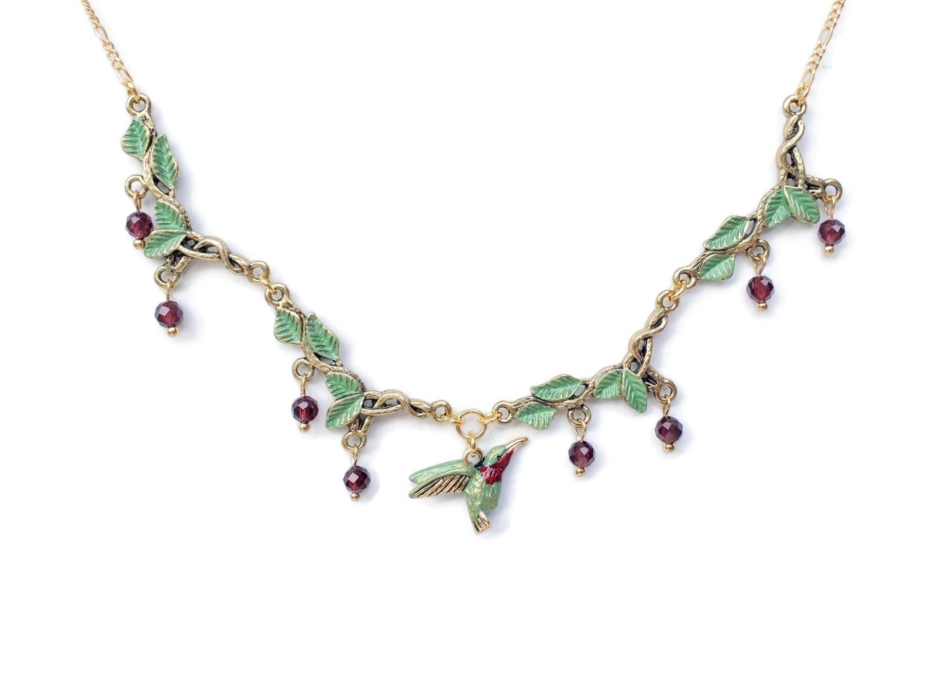 Handbemalte Kolibri Kette Granat Perlen, Grünes Blatt Schmuck von RenesJewelryArt