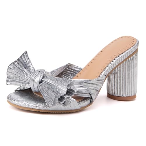 Renessmi Blockabsatz Bogen Mode Mules Ohne Verschluss Damen Pantoffeln Round Heel Offene Zeh Pleated Slingback Hausschuhe Pantoffeln Footwear Glitzer-Silber Gr 50 EU-52 Cn Renessmi Blockabsatz Bogen Mode Mules Ohne Verschluss Damen Pantoffeln Round Heel Offene Zeh Pleated Slingback Hausschuhe Pantoffeln Footwear Glitzer-Silber Gr 50 EU-52 Cn von Renessmi