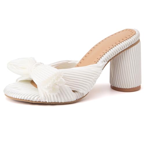 Renessmi Blockabsatz Bogen Mode Mules Ohne Verschluss Damen Pantoffeln Round Heel Offene Zeh Pleated Slingback Hausschuhe Pantoffeln Footwear Weiß Gr 51 EU-53 Cn Renessmi Blockabsatz Bogen Mode Mules Ohne Verschluss Damen Pantoffeln Round Heel Offene Zeh Pleated Slingback Hausschuhe Pantoffeln Footwear Weiß Gr 51 EU-53 Cn von Renessmi