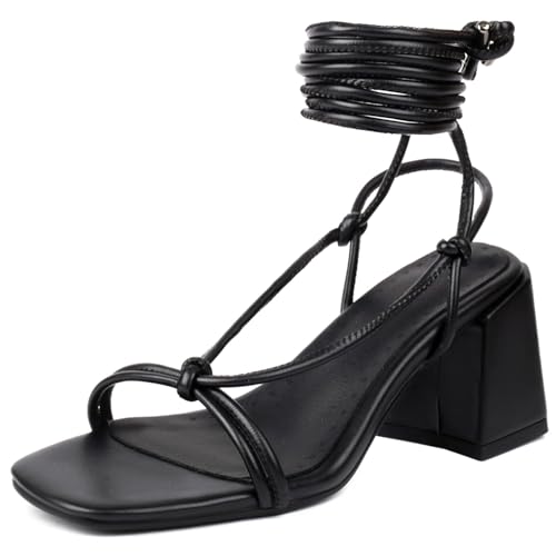 Renessmi Blockabsatz Cross Strap Square Toe Damensandalen Schnüren High Chunky Heel Slingback Concise Solid Color Footwear Schwarz Gr 51 EU-53 Cn von Renessmi