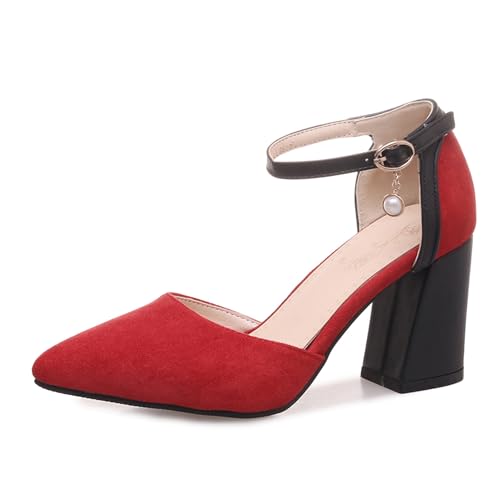 Renessmi Blockabsatz Knöchelriemchen Mary Jane Pointed Toe Damensandalen Schnalle Concise Sommer Business Footwear Rot Gr 51 EU-53 Cn von Renessmi