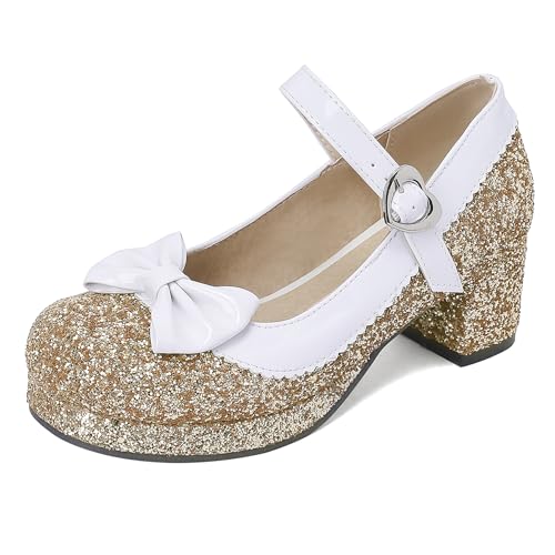 Renessmi Blockabsatz Mary Jane Sweet Bogen Square Toe Damen Schuhe Mid Chunky Heel Knöchelriemchen Plateau Princess Footwear Gold Gr 41 EU-43 Cn von Renessmi