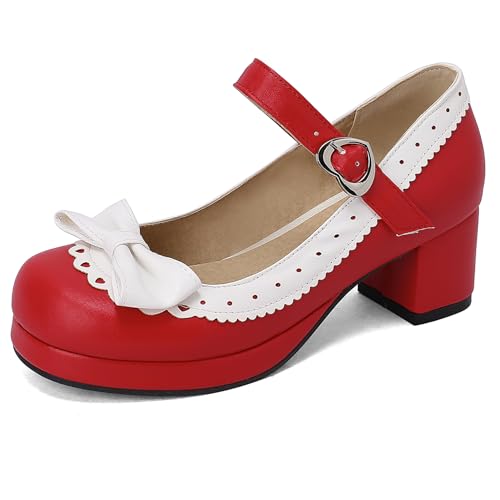 Renessmi Blockabsatz Mary Jane Sweet Bogen Square Toe Damen Schuhe Mid Chunky Heel Knöchelriemchen Plateau Princess Footwear Rot Gr 40.5 EU-42 Cn von Renessmi