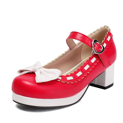 Renessmi Blockabsatz Mary Jane Sweet Bogen Square Toe Damen Schuhe Mid Chunky Heel Knöchelriemchen Plateau Princess Footwear Rot Gr 40.5 EU-42 Cn von Renessmi