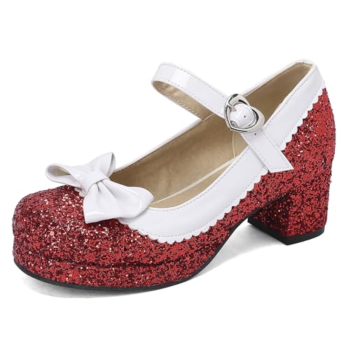 Renessmi Blockabsatz Mary Jane Sweet Bogen Square Toe Damen Schuhe Mid Chunky Heel Knöchelriemchen Plateau Princess Footwear Rot Gr 40.5 EU-42 Cn von Renessmi