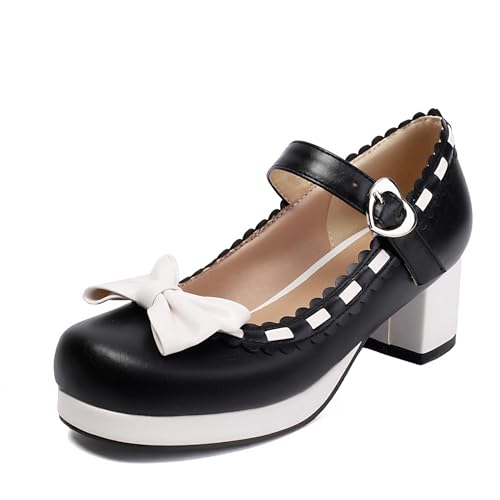 Renessmi Blockabsatz Mary Jane Sweet Bogen Square Toe Damen Schuhe Mid Chunky Heel Knöchelriemchen Plateau Princess Footwear Schwarz Gr 45 EU-47 Cn von Renessmi