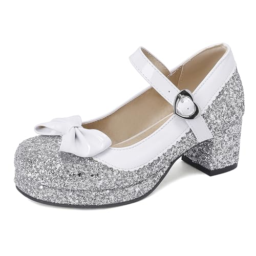 Renessmi Blockabsatz Mary Jane Sweet Bogen Square Toe Damen Schuhe Mid Chunky Heel Knöchelriemchen Plateau Princess Footwear Silber Gr 44 EU-46 Cn Renessmi Blockabsatz Mary Jane Sweet Bogen Square Toe Damen Schuhe Mid Chunky Heel Knöchelriemchen Plateau Princess Footwear Silber Gr 44 EU-46 Cn von Renessmi