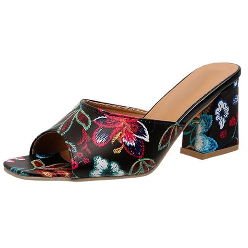Renessmi Blockabsatz Ohne Verschluss Mules Square Toe Print Damen Pantoffeln Peep Toe Slingback Höhe Ferse Blume Draußen Footwear Schwarz Gr 37 EU-38 Cn von Renessmi