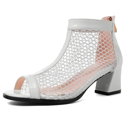 Renessmi Blockabsatz Peep Toe Back Reißverschluss Damen Sommer Boots Mode Mesh Atmungsaktiv Splicing Lack Stiefeletten Footwear Weiß Gr 40 EU-41 Cn von Renessmi