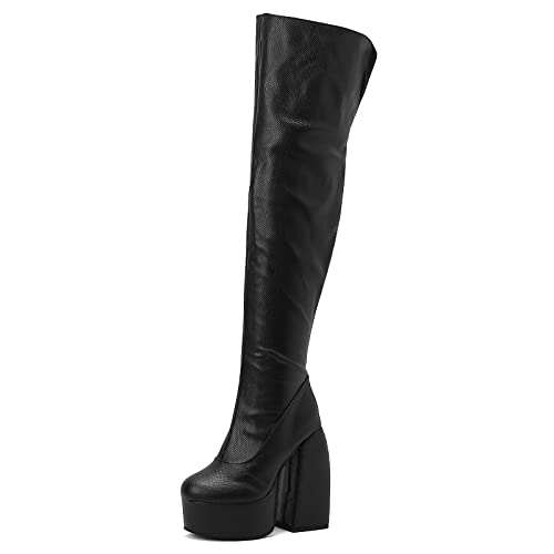 Renessmi Blockabsatz Plateau Snakeskin Damen Overknee Stiefel Runde Zehen Reißverschluss Abend Show Halloween Overknees Stiefel Footwear Schwarz Gr 42 EU-44 Cn von Renessmi