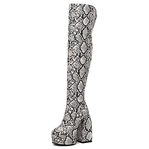 Renessmi Blockabsatz Plateau Snakeskin Damen Overknee Stiefel Runde Zehen Reißverschluss Abend Show Halloween Overknees Stiefel Footwear Weiß Gr 44 EU-46 Cn von Renessmi