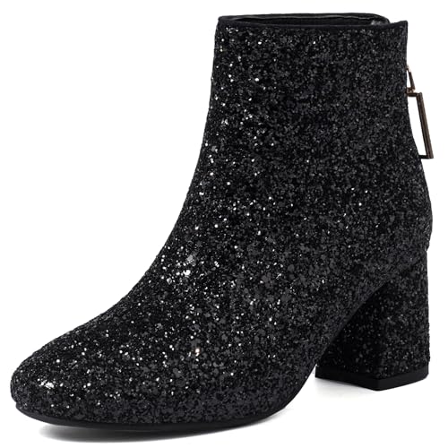 Renessmi Blockabsatz Reißverschluss Glitzer Hochzeit Damen Stiefeletten Runde Zehen Höhe Ferse Shiny Pailletten Prom Stiefeletten Footwear Schwarz Gr 42 EU-44 Cn von Renessmi