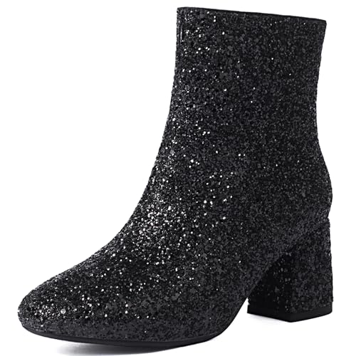 Renessmi Blockabsatz Reißverschluss Glitzer Hochzeit Damen Stiefeletten Runde Zehen Höhe Ferse Shiny Pailletten Prom Stiefeletten Footwear Schwarz Gr 45 EU-47 Cn von Renessmi