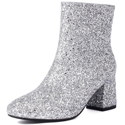 Renessmi Blockabsatz Reißverschluss Glitzer Hochzeit Damen Stiefeletten Runde Zehen Höhe Ferse Shiny Pailletten Prom Stiefeletten Footwear Silber Gr 36 EU von Renessmi