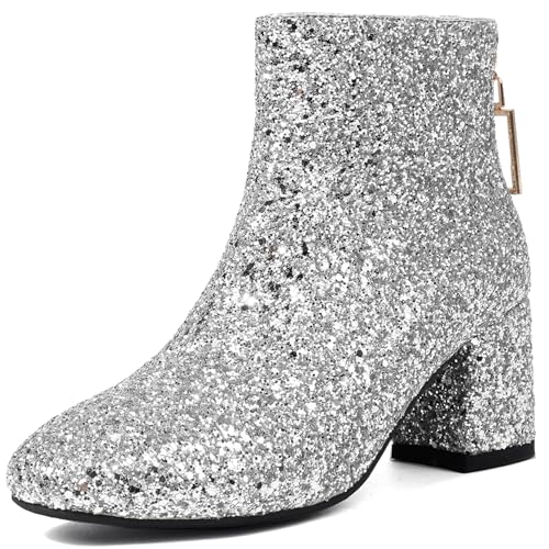 Renessmi Blockabsatz Reißverschluss Glitzer Hochzeit Damen Stiefeletten Runde Zehen Höhe Ferse Shiny Pailletten Prom Stiefeletten Footwear Silber Gr 45 EU-47 Cn von Renessmi