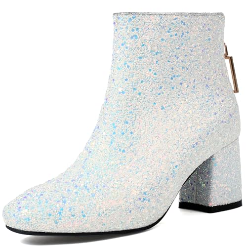 Renessmi Blockabsatz Reißverschluss Glitzer Hochzeit Damen Stiefeletten Runde Zehen Höhe Ferse Shiny Pailletten Prom Stiefeletten Footwear Weiß Gr 36.5 EU-37 Cn von Renessmi