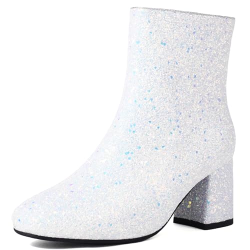 Renessmi Blockabsatz Reißverschluss Glitzer Hochzeit Damen Stiefeletten Runde Zehen Höhe Ferse Shiny Pailletten Prom Stiefeletten Footwear Weiß Gr 45 EU-47 Cn von Renessmi