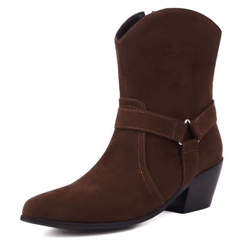 Renessmi Blockabsatz Runde Zehen Side Reißverschluss Damen Stiefeletten Concise Schnalle Retro Kurz Geschirrstiefel Footwear Dark-Braun Gr 36 EU von Renessmi