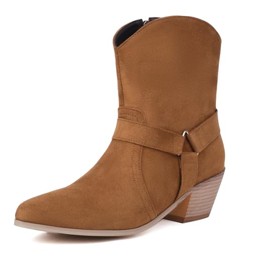 Renessmi Blockabsatz Runde Zehen Side Reißverschluss Damen Stiefeletten Concise Schnalle Retro Kurz Geschirrstiefel Footwear Gelb Gr 42 EU-44 Cn von Renessmi