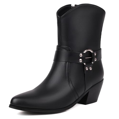 Renessmi Blockabsatz Runde Zehen Side Reißverschluss Damen Stiefeletten Concise Schnalle Retro Kurz Geschirrstiefel Footwear Schwarz Gr 40 EU-41 Cn von Renessmi