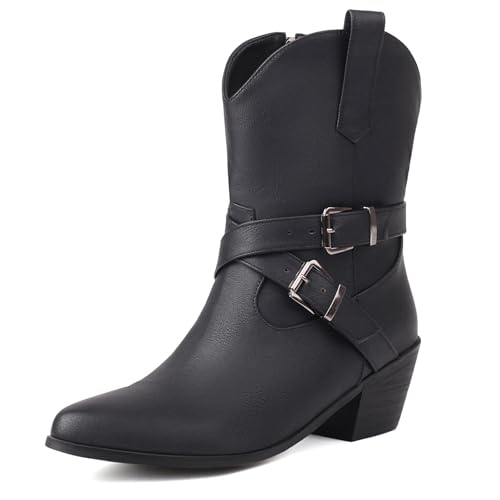Renessmi Blockabsatz Runde Zehen Side Reißverschluss Damen Stiefeletten Concise Schnalle Retro Kurz Geschirrstiefel Footwear Schwarz Gr 40.5 EU-42 Cn von Renessmi