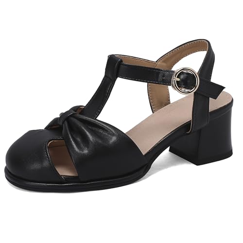 Renessmi Blockabsatz Runde Zehen T-Spange Slingback Damensandalen Komfort Mitte Absatz Pleated Bogen Schnalle Leisure Sommer Footwear Schwarz Gr 41 EU-43 Cn von Renessmi