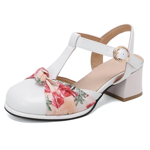Renessmi Blockabsatz Runde Zehen T-Spange Slingback Damensandalen Komfort Mitte Absatz Pleated Bogen Schnalle Leisure Sommer Footwear Weiß Gr 43 EU-45 Cn von Renessmi