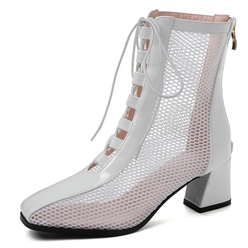 Renessmi Blockabsatz Square Toe Schnüren Damen Sommer Stiefeletten Back Reißverschluss Cross Strap Mesh Splicing Lack Footwear Weiß Gr 32 EU von Renessmi
