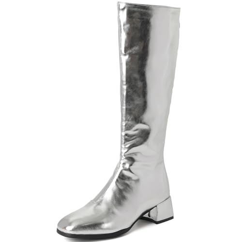Renessmi Blockabsatz Winter Damen Anzugstiefel Square Toe Komfort Mitte Absatz Back Reißverschluss Mode Kniehohe Stiefel Footwear Silber Gr 43 EU-45 Cn von Renessmi