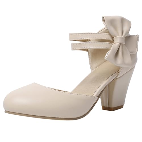 Renessmi Chunky Heel Runde Zehen Sommer Mary Jane Sweet Damensandalen Lovely Bogen Geschlossen Sommer Pumps Footwear Beige Gr 40 EU-41 Cn von Renessmi