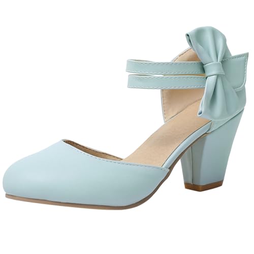 Renessmi Chunky Heel Runde Zehen Sommer Mary Jane Sweet Damensandalen Lovely Bogen Geschlossen Sommer Pumps Footwear Blau Gr 35 EU von Renessmi