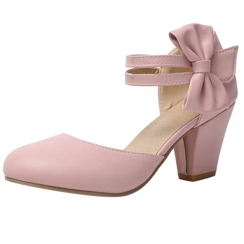 Renessmi Chunky Heel Runde Zehen Sommer Mary Jane Sweet Damensandalen Lovely Bogen Geschlossen Sommer Pumps Footwear Pink Gr 36.5 EU-37 Cn von Renessmi