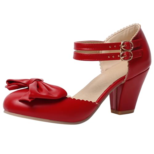 Renessmi Chunky Heel Runde Zehen Sommer Mary Jane Sweet Damensandalen Lovely Bogen Geschlossen Sommer Pumps Footwear Rot Gr 34 EU von Renessmi